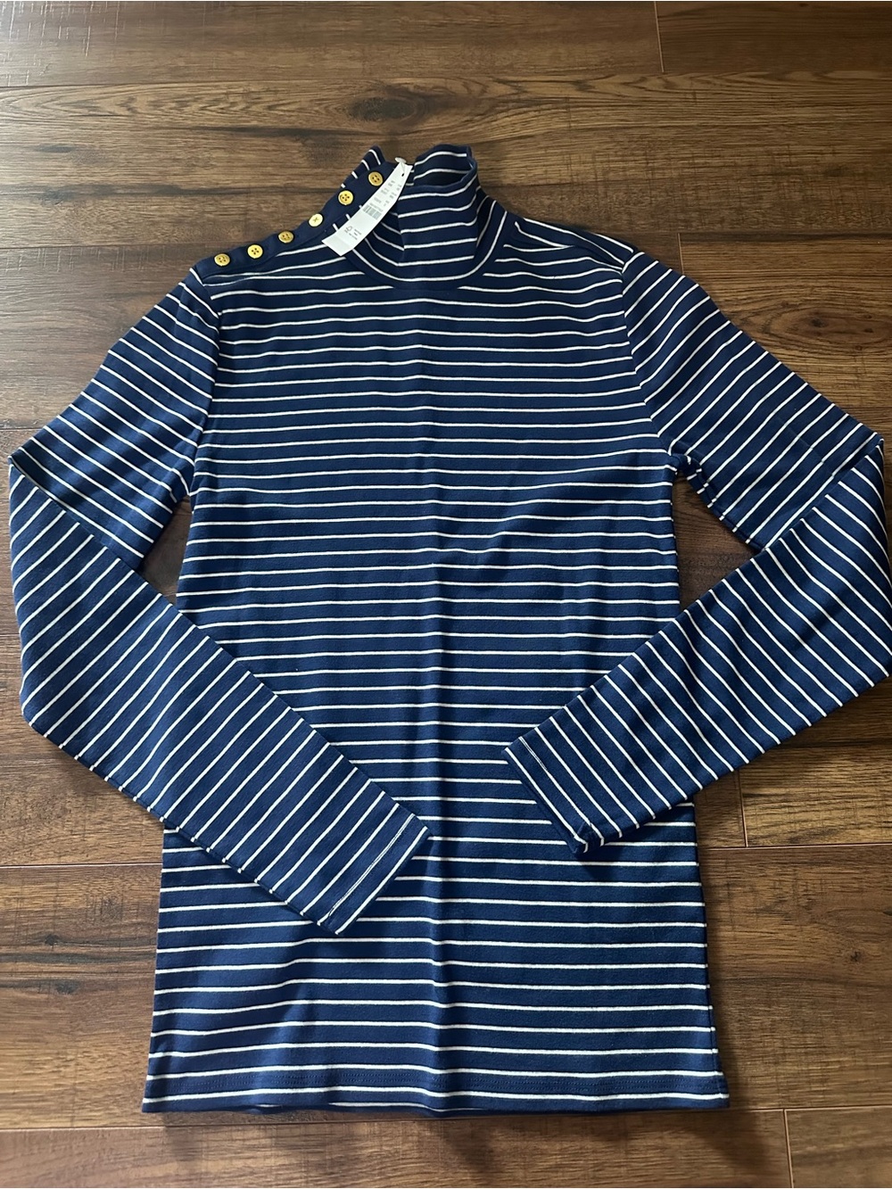NWT J. Crew Navy White Striped Long Sleeve Perfect-fit Turtleneck Gold Buttons